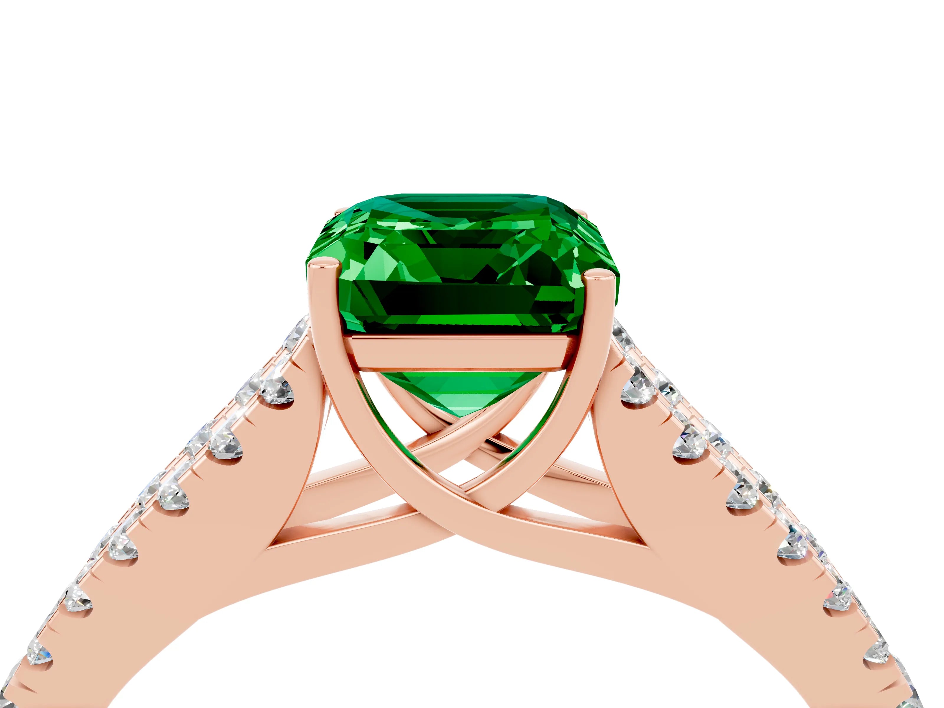 Rose gold Emerald Cut Emerald Split Shank Pavé Engagement Ring with Four-Prong Setting_16