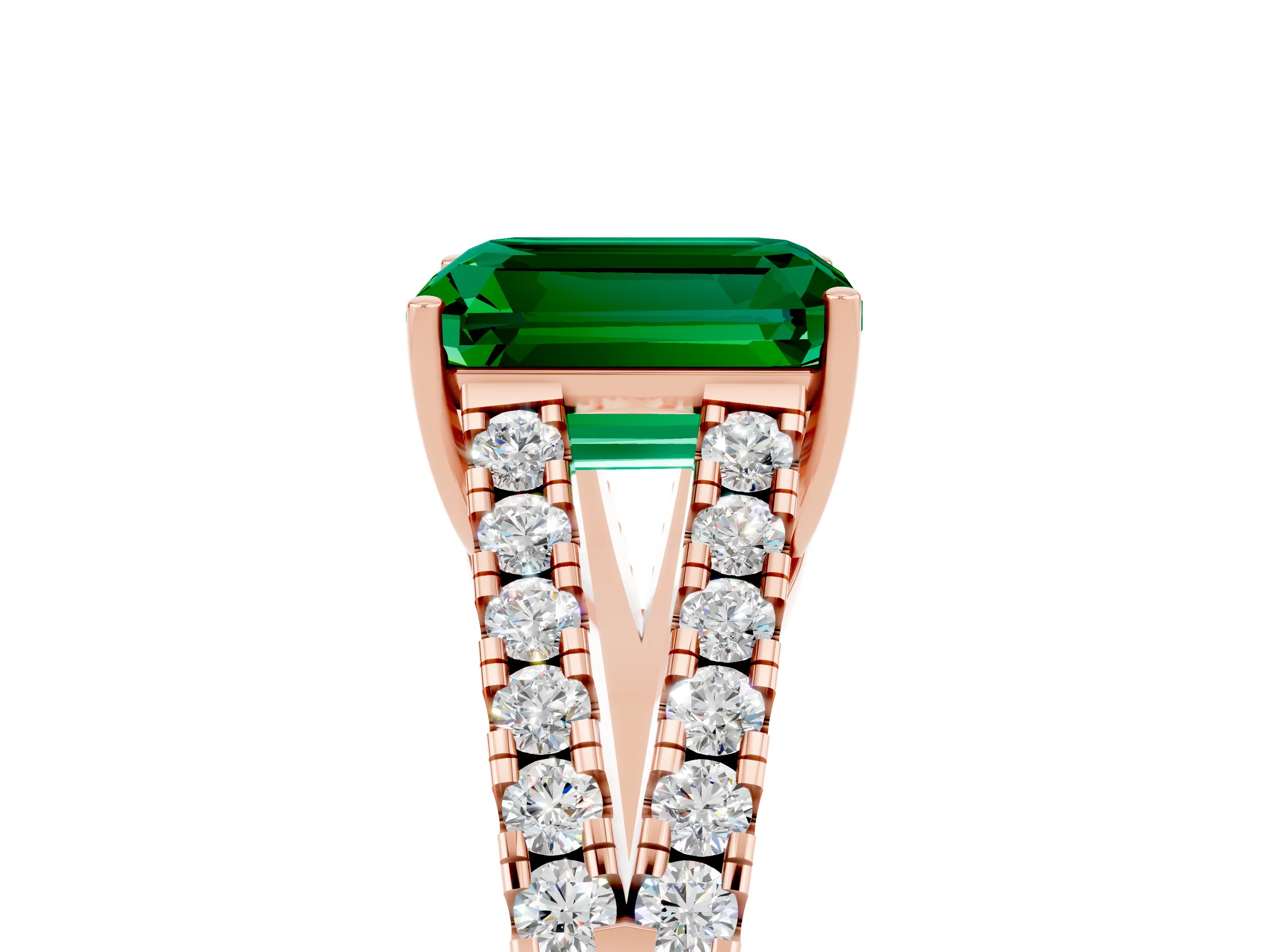 Rose gold Emerald Cut Emerald Split Shank Pavé Engagement Ring with Four-Prong Setting_17