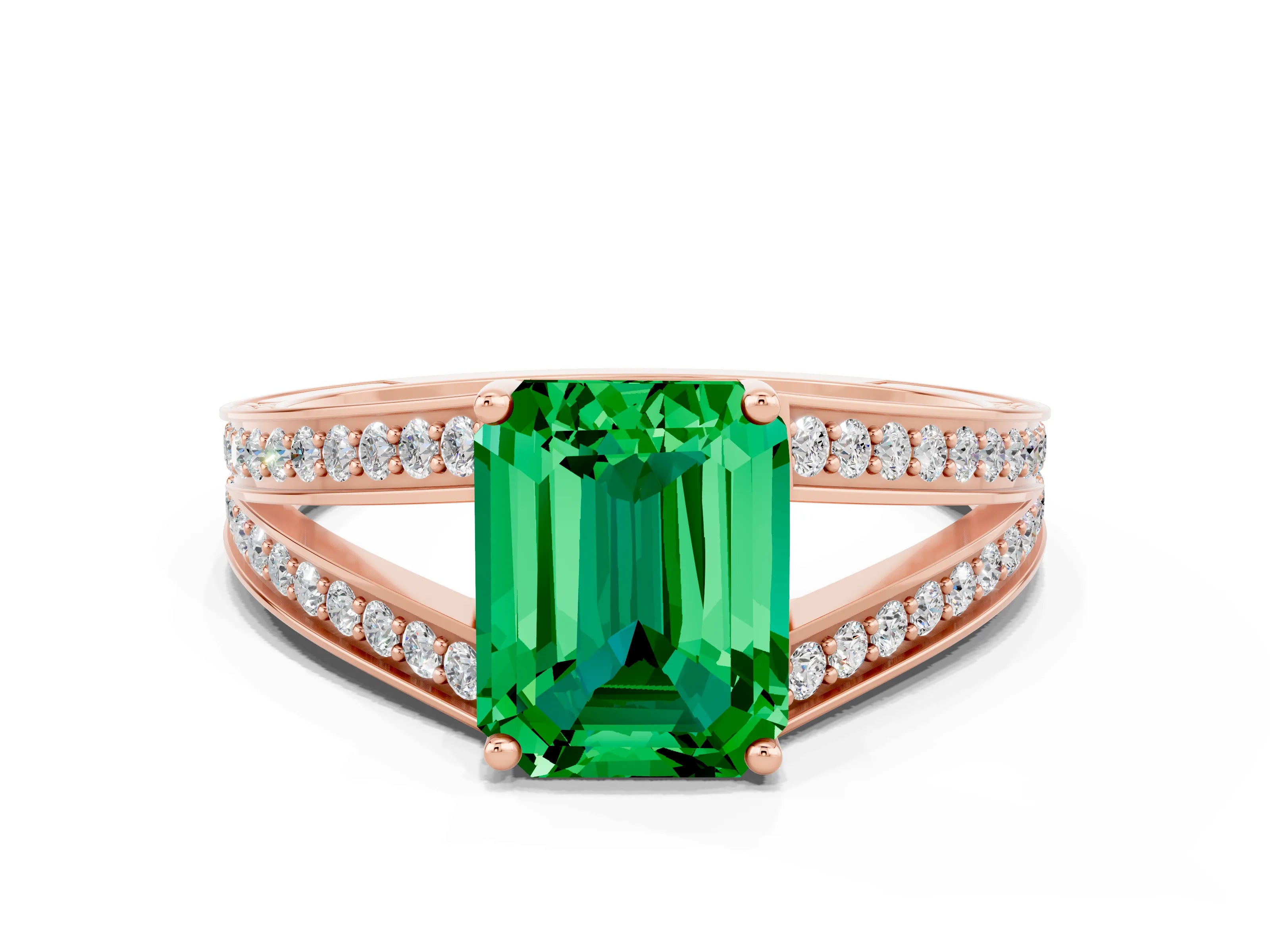 Rose gold Emerald Cut Emerald Split Shank Ring with Pavé Band and Four-Prong Setting