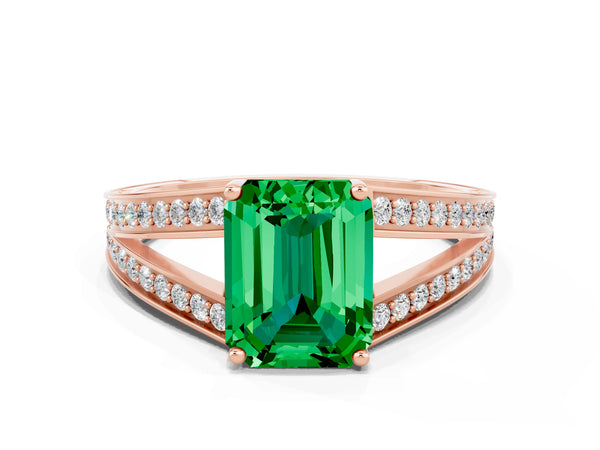 Rose gold Emerald Cut Emerald Split Shank Ring with Pavé Band and Four-Prong Setting