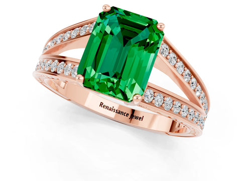 Rose gold Emerald Cut Emerald Split Shank Ring with Pavé Band and Four-Prong Setting_1