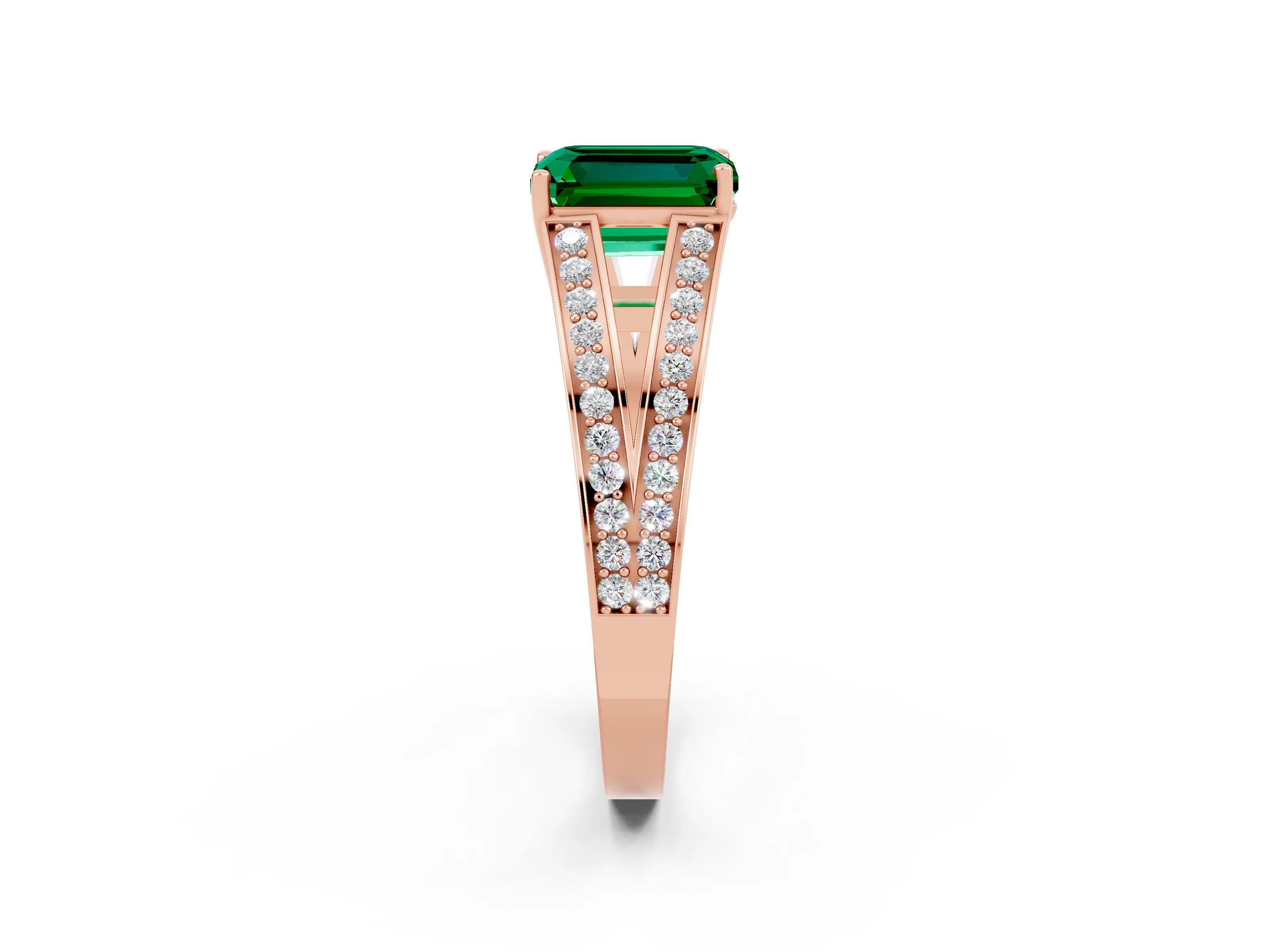 Rose gold Emerald Cut Emerald Split Shank Ring with Pavé Band and Four-Prong Setting_2