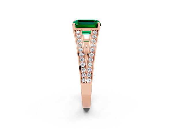 Rose gold Emerald Cut Emerald Split Shank Ring with Pavé Band and Four-Prong Setting