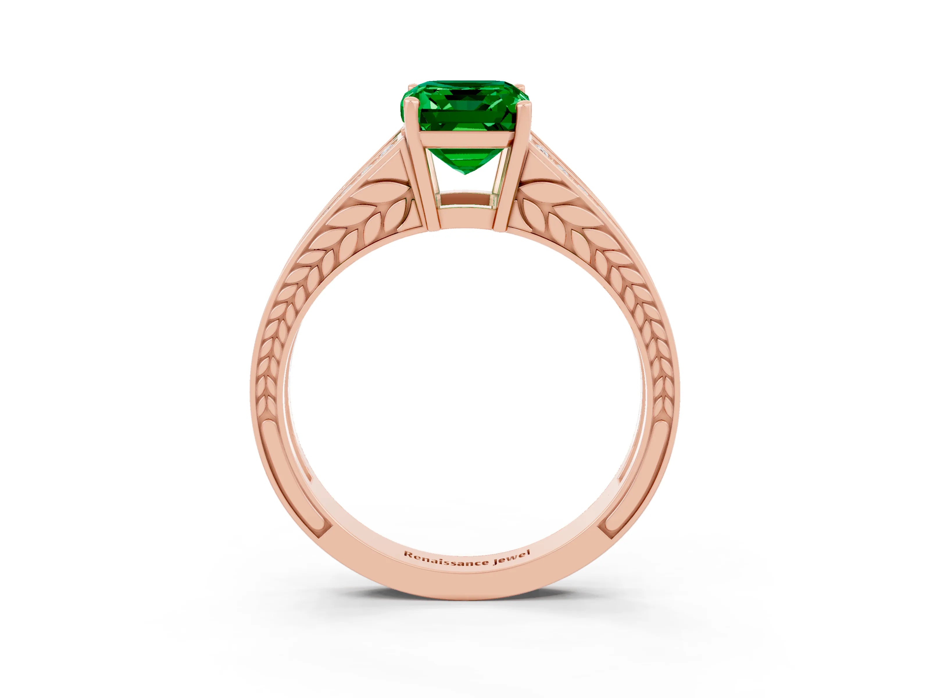 Rose gold Emerald Cut Emerald Split Shank Ring with Pavé Band and Four-Prong Setting_3