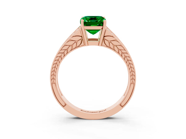 Rose gold Emerald Cut Emerald Split Shank Ring with Pavé Band and Four-Prong Setting