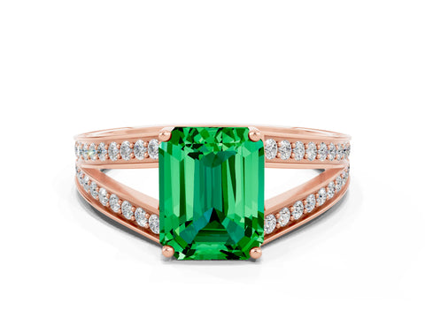 Rose gold Emerald Cut Emerald Split Shank Ring with Pavé Band and Four-Prong Setting