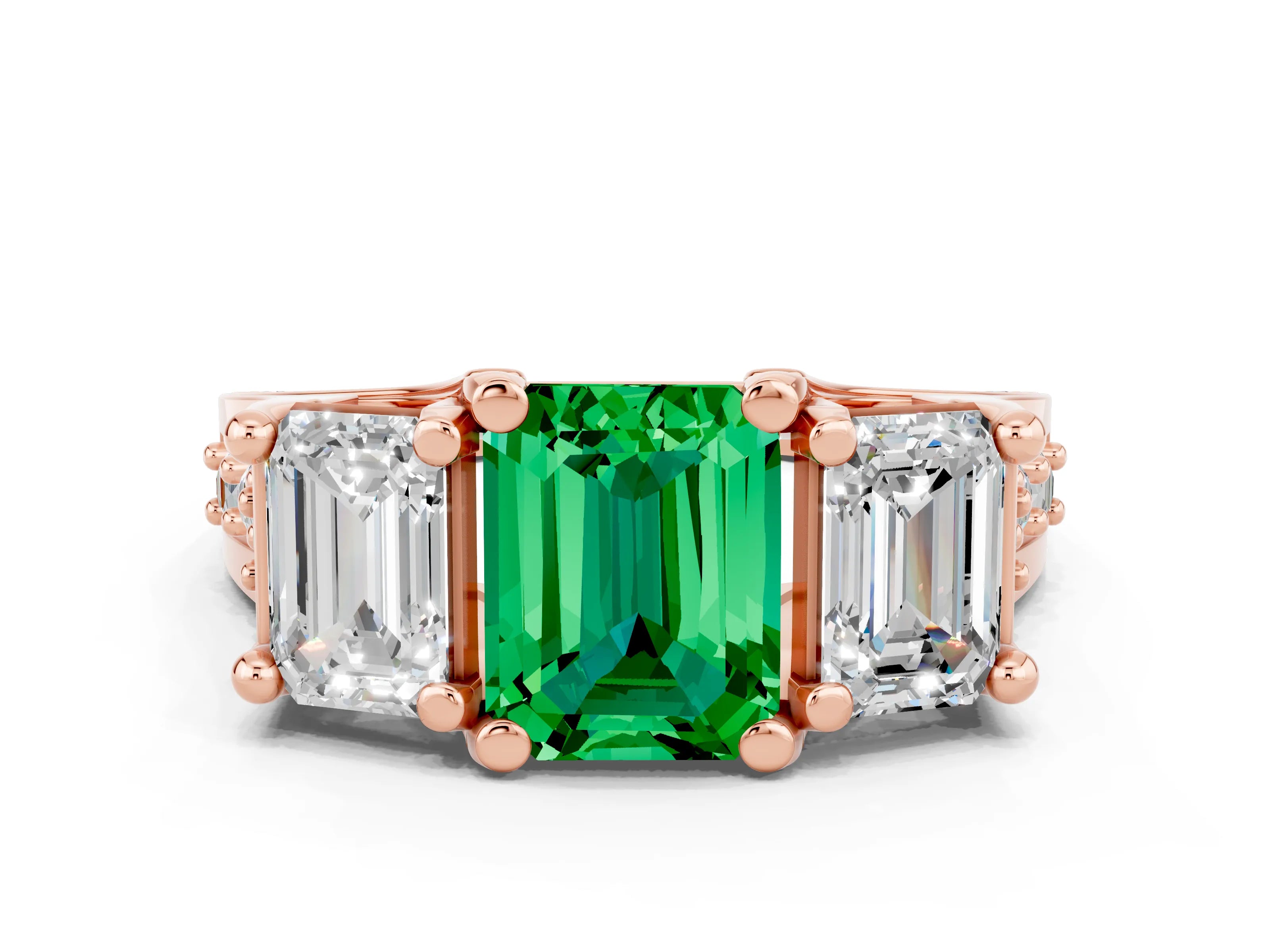 Rose gold Emerald Cut Emerald Three-Stone Ring with Channel Set Band and Four-Prong Setting