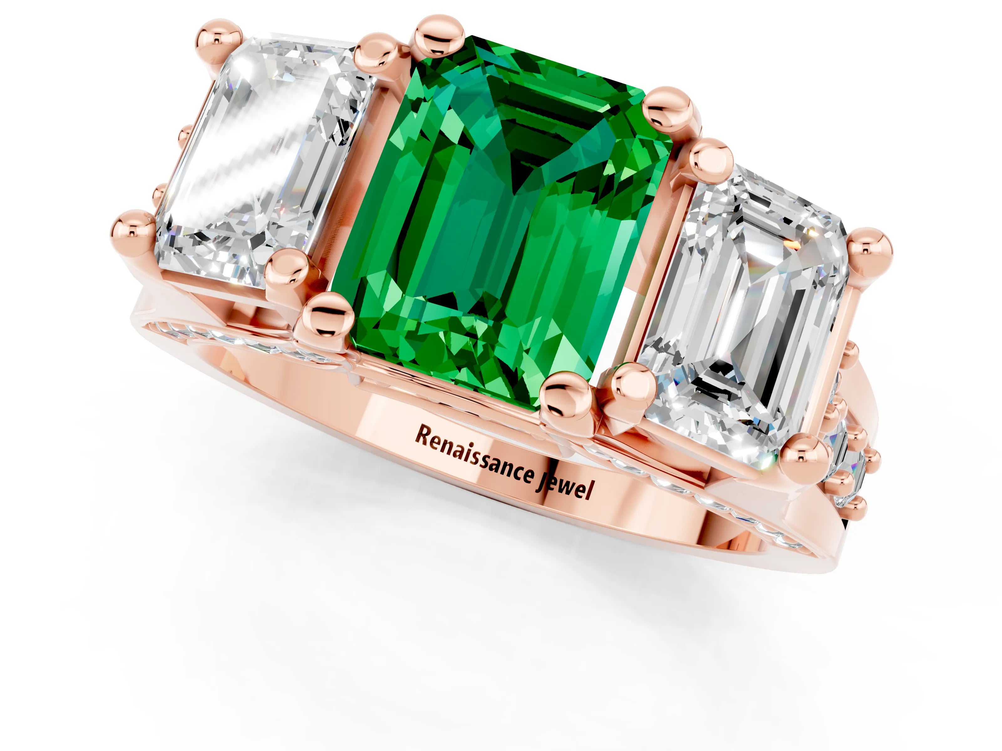 Rose gold Emerald Cut Emerald Three-Stone Ring with Channel Set Band and Four-Prong Setting_1