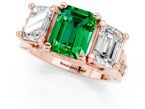 Rose gold Emerald Cut Emerald Three-Stone Ring with Channel Set Band and Four-Prong Setting_1