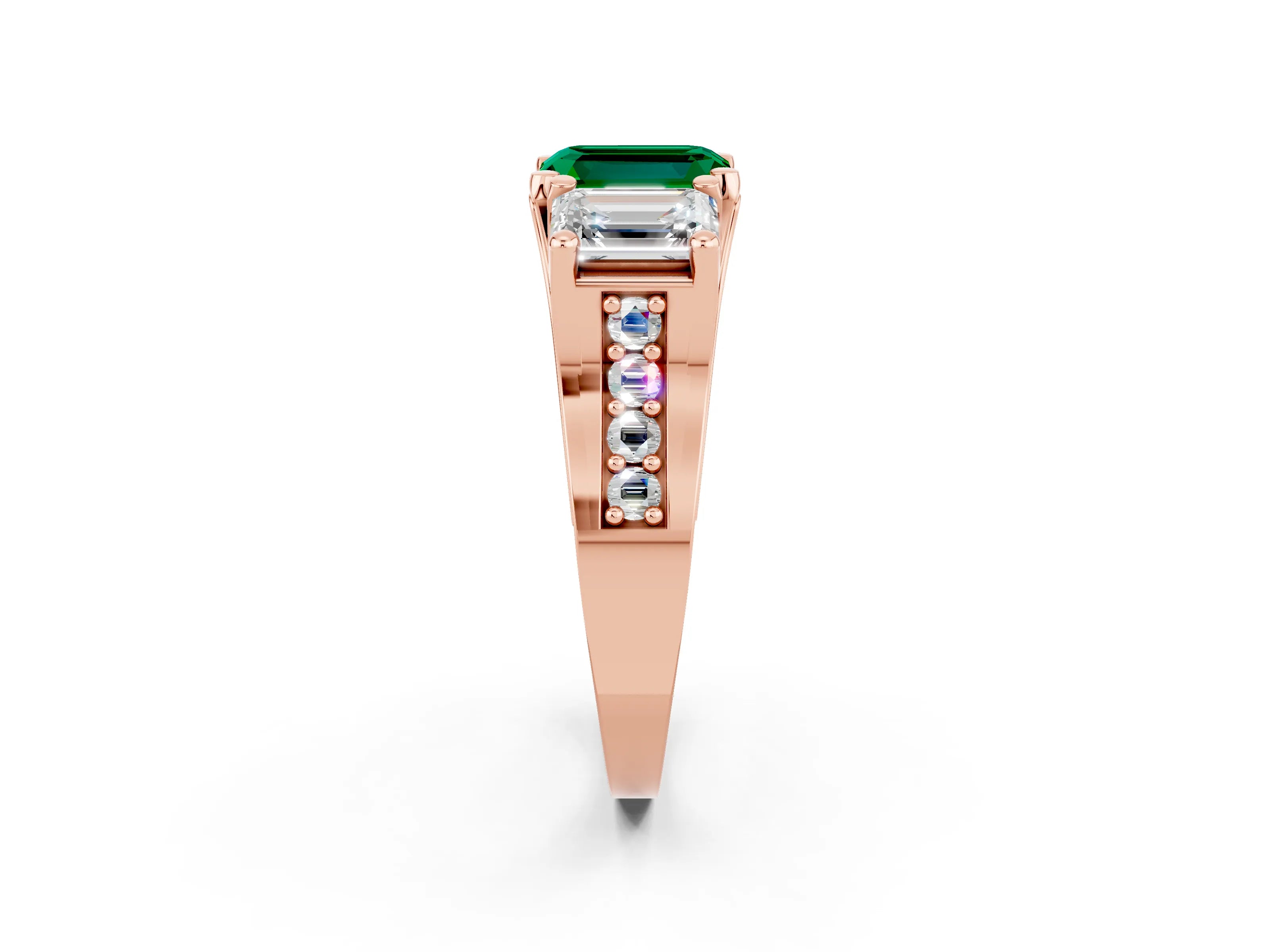 Rose gold Emerald Cut Emerald Three-Stone Ring with Channel Set Band and Four-Prong Setting_2