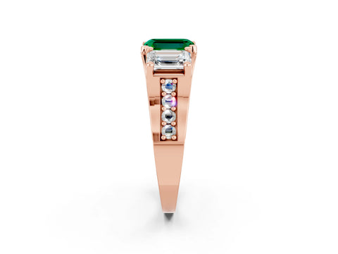 Rose gold Emerald Cut Emerald Three-Stone Ring with Channel Set Band and Four-Prong Setting_2