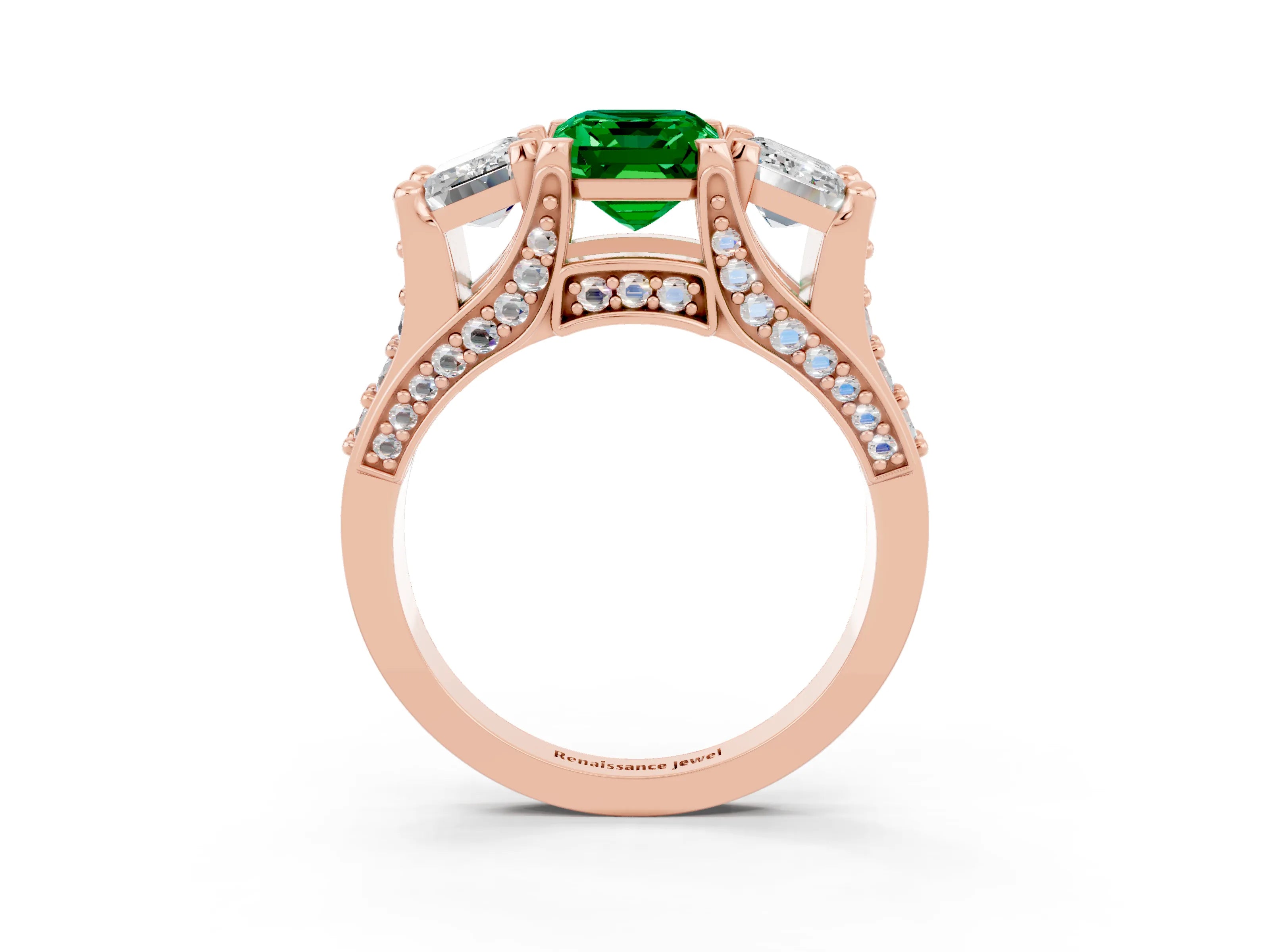Rose gold Emerald Cut Emerald Three-Stone Ring with Channel Set Band and Four-Prong Setting_3