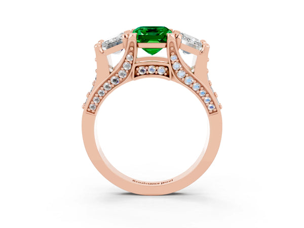 Rose gold Emerald Cut Emerald Three-Stone Ring with Channel Set Band and Four-Prong Setting
