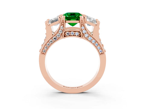 Rose gold Emerald Cut Emerald Three-Stone Ring with Channel Set Band and Four-Prong Setting_3