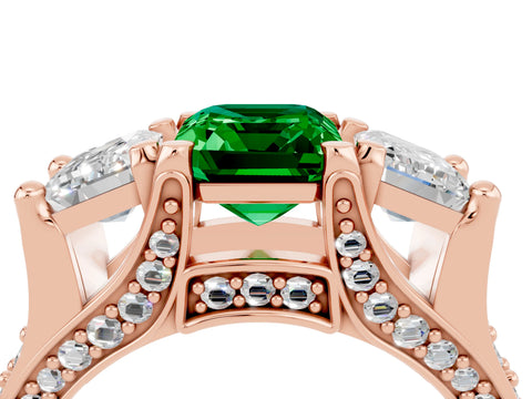 Rose gold Emerald Cut Emerald Three-Stone Ring with Channel Set Band and Four-Prong Setting_4