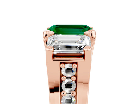 Rose gold Emerald Cut Emerald Three-Stone Ring with Channel Set Band and Four-Prong Setting_5