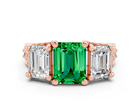 Rose gold Emerald Cut Emerald Three-Stone Ring with Channel Set Band and Four-Prong Setting