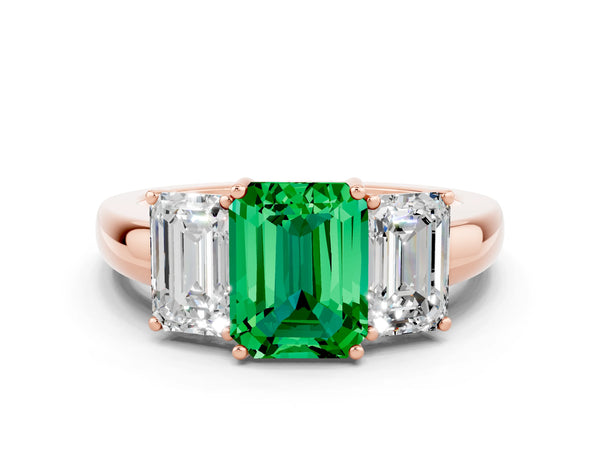 Rose gold Emerald Cut Emerald Three-Stone Ring with Four-Prong Setting and Classic Band