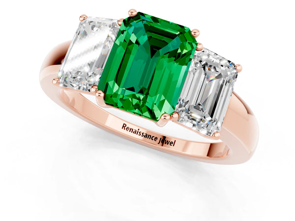 Rose gold Emerald Cut Emerald Three-Stone Ring with Four-Prong Setting and Classic Band