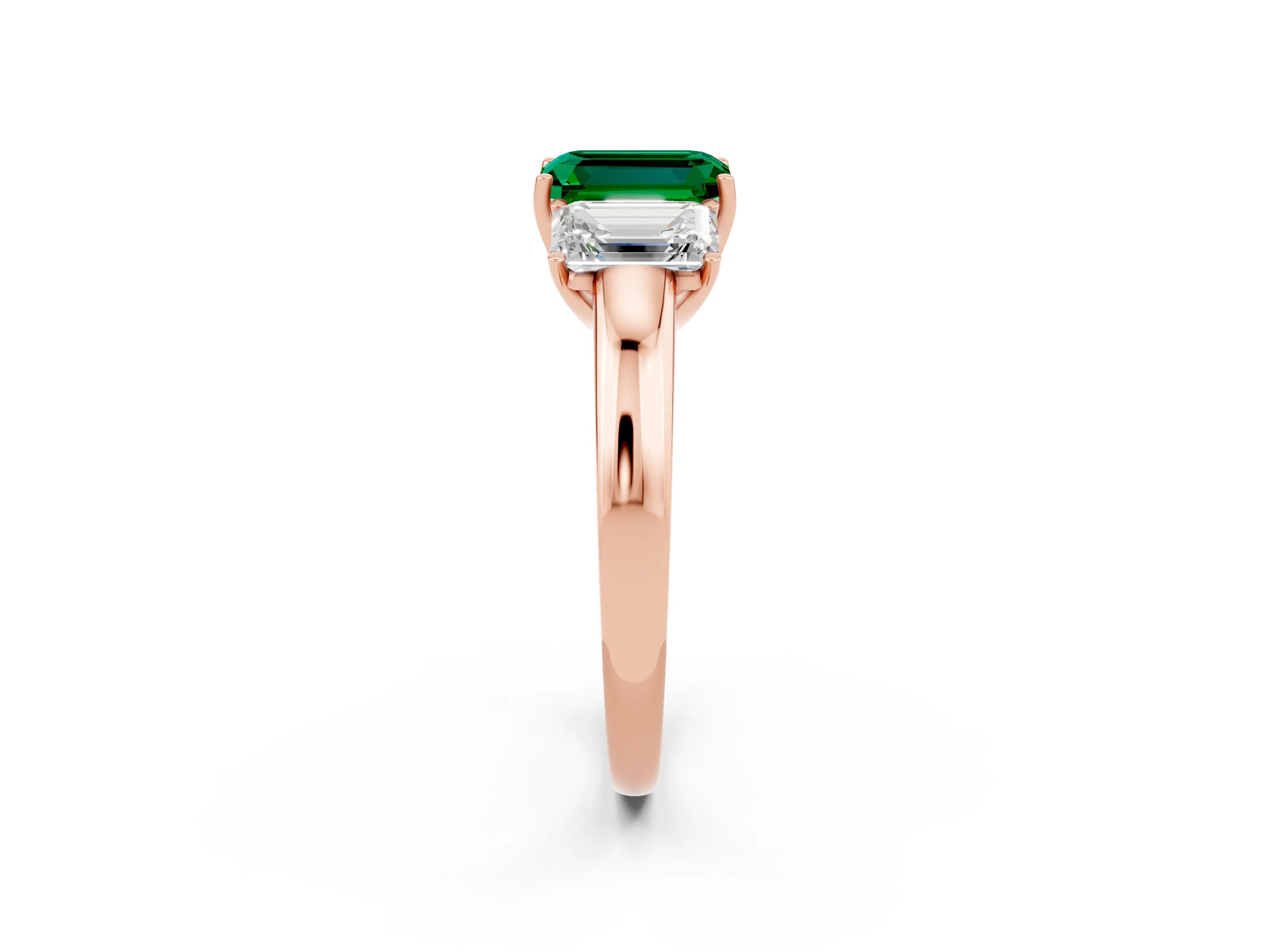 Rose gold Emerald Cut Emerald Three-Stone Ring with Four-Prong Setting and Classic Band_2