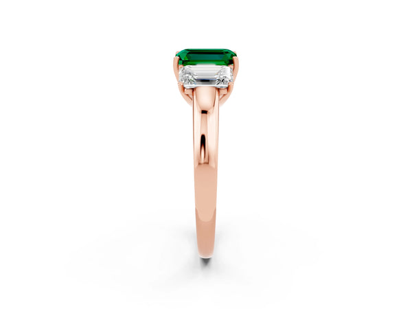 Rose gold Emerald Cut Emerald Three-Stone Ring with Four-Prong Setting and Classic Band