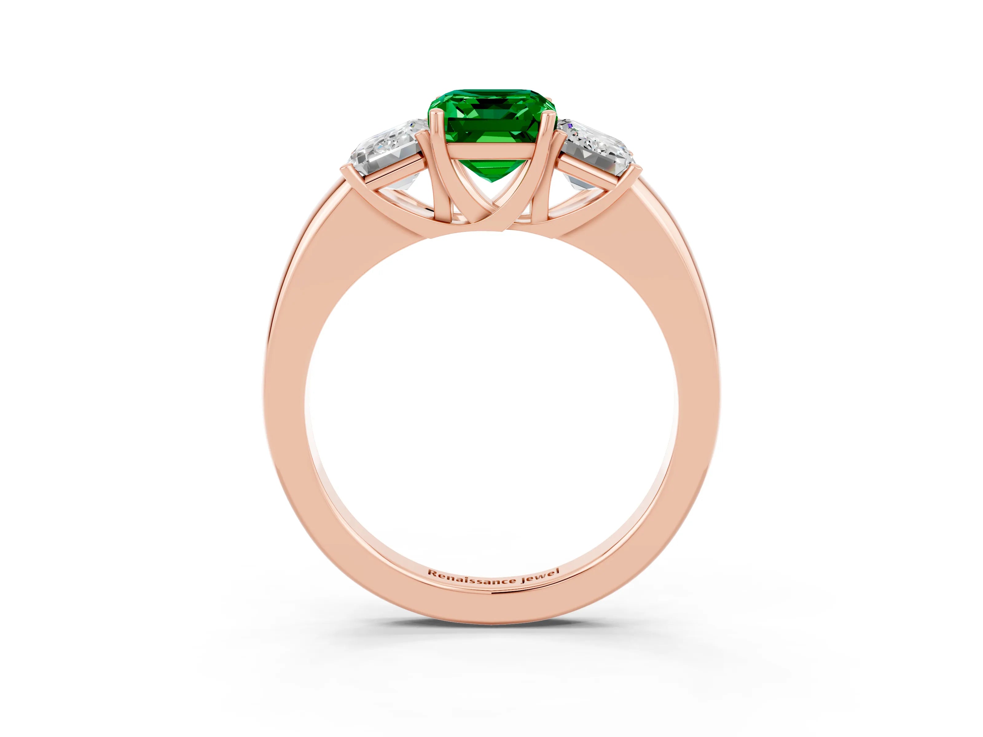 Rose gold Emerald Cut Emerald Three-Stone Ring with Four-Prong Setting and Classic Band_3
