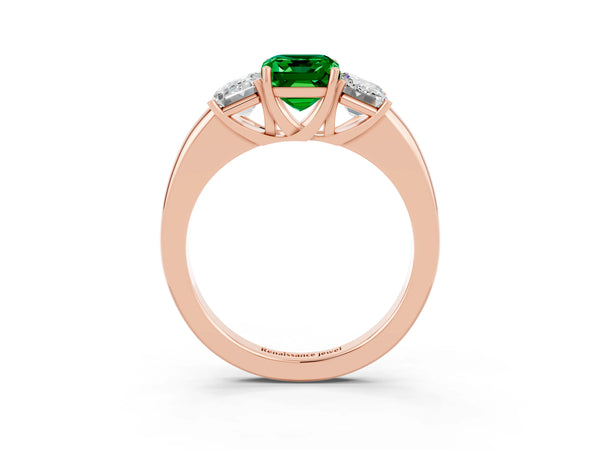 Rose gold Emerald Cut Emerald Three-Stone Ring with Four-Prong Setting and Classic Band