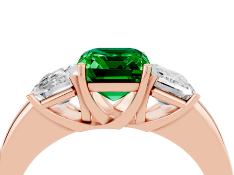 Rose gold Emerald Cut Emerald Three-Stone Ring with Four-Prong Setting and Classic Band_4