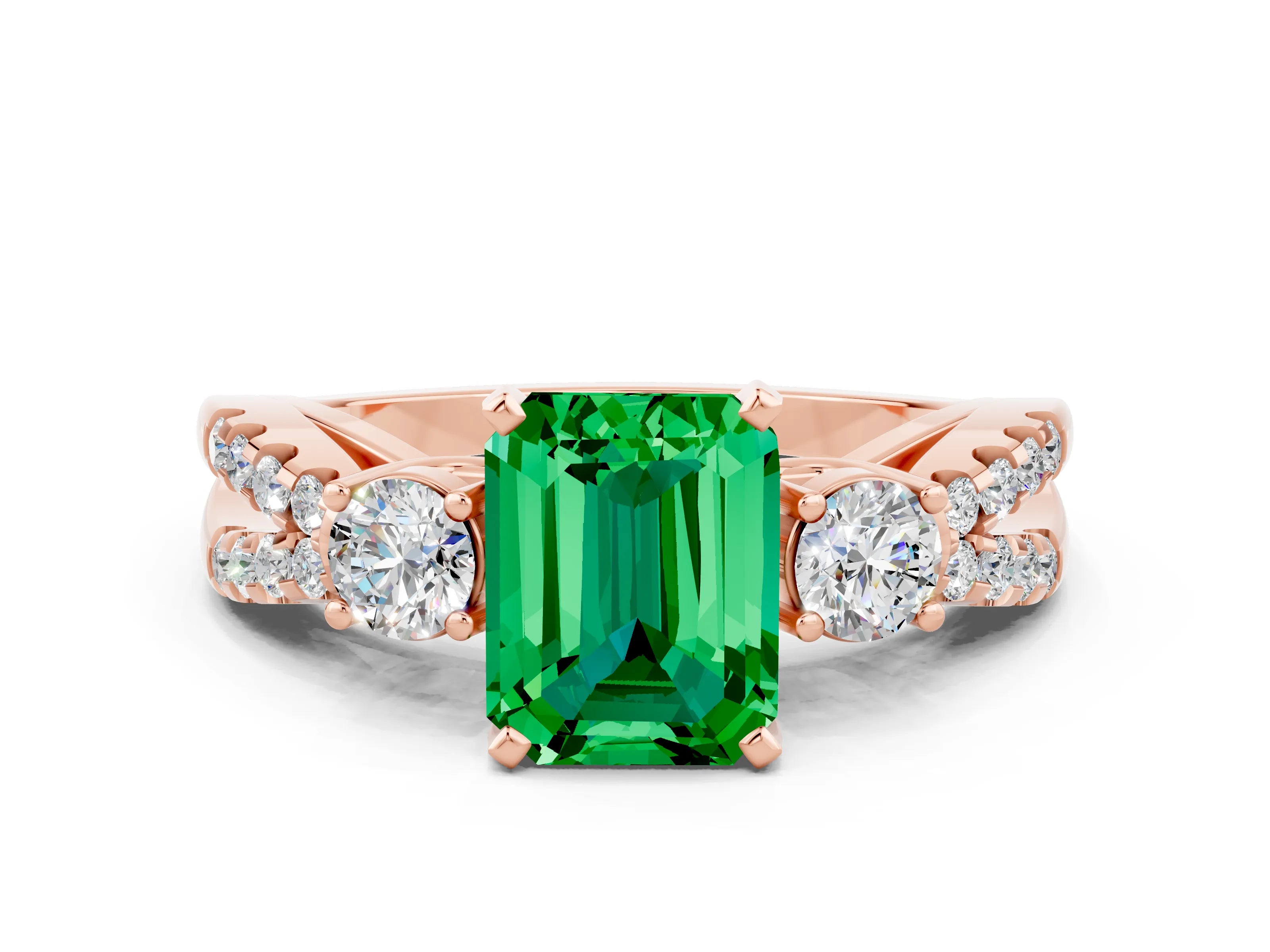 Rose gold Emerald Cut Emerald Three-Stone Ring with Pavé Split Shank and Four-Prong Setting