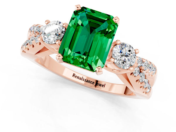 Rose gold Emerald Cut Emerald Three-Stone Ring with Pavé Split Shank and Four-Prong Setting