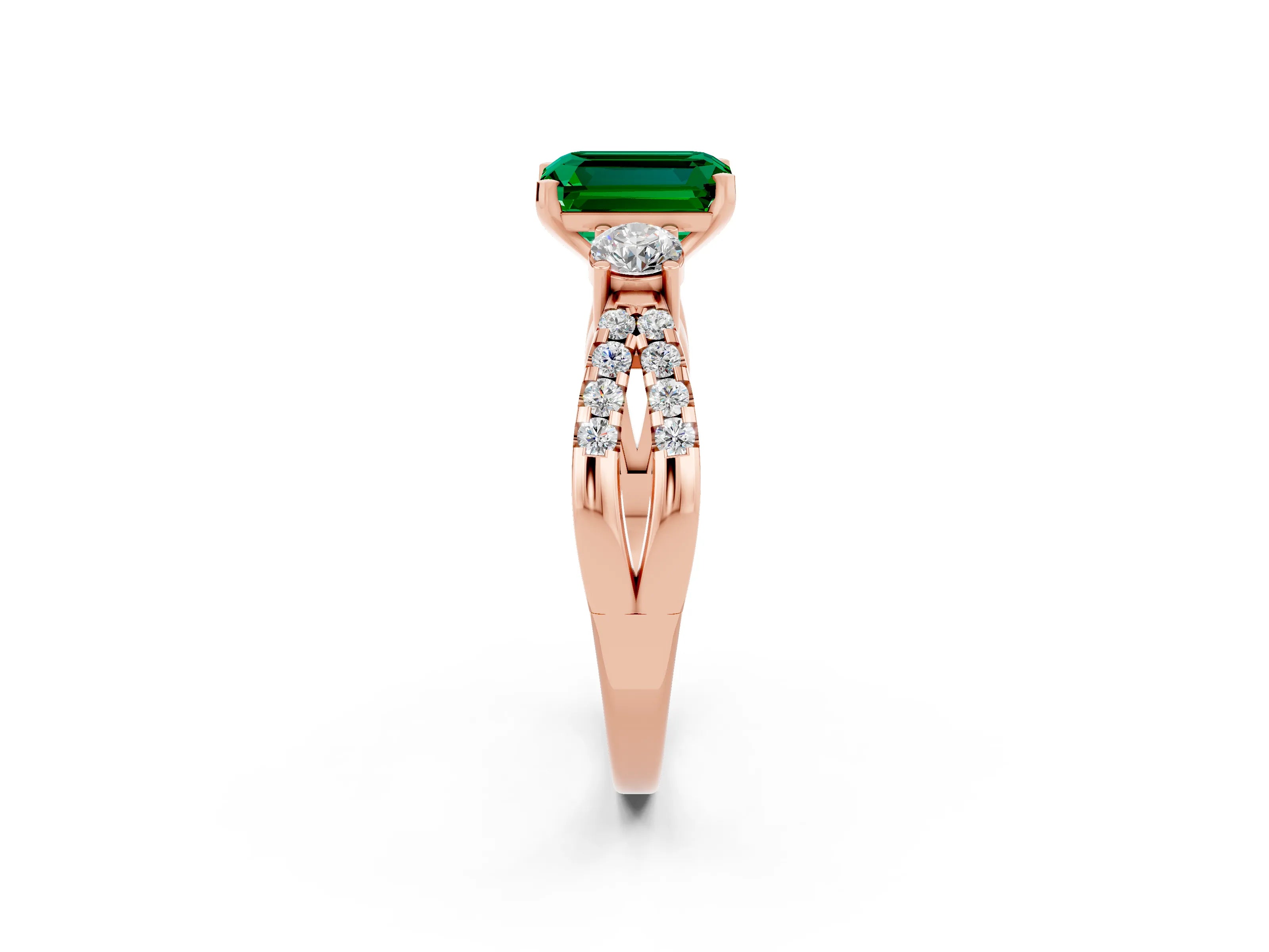 Rose gold Emerald Cut Emerald Three-Stone Ring with Pavé Split Shank and Four-Prong Setting_2