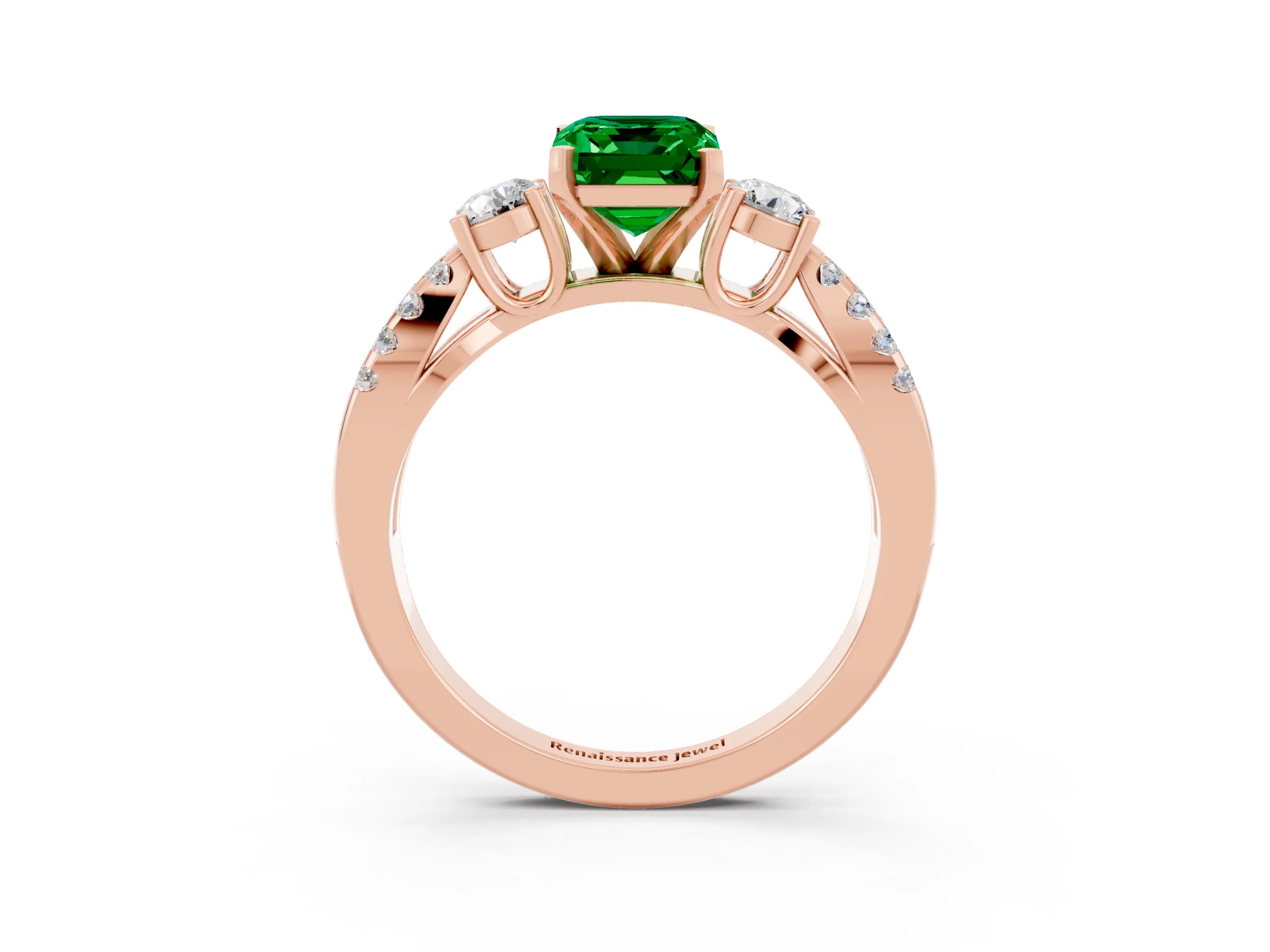 Rose gold Emerald Cut Emerald Three-Stone Ring with Pavé Split Shank and Four-Prong Setting_3