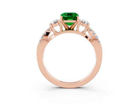 Rose gold Emerald Cut Emerald Three-Stone Ring with Pavé Split Shank and Four-Prong Setting_3