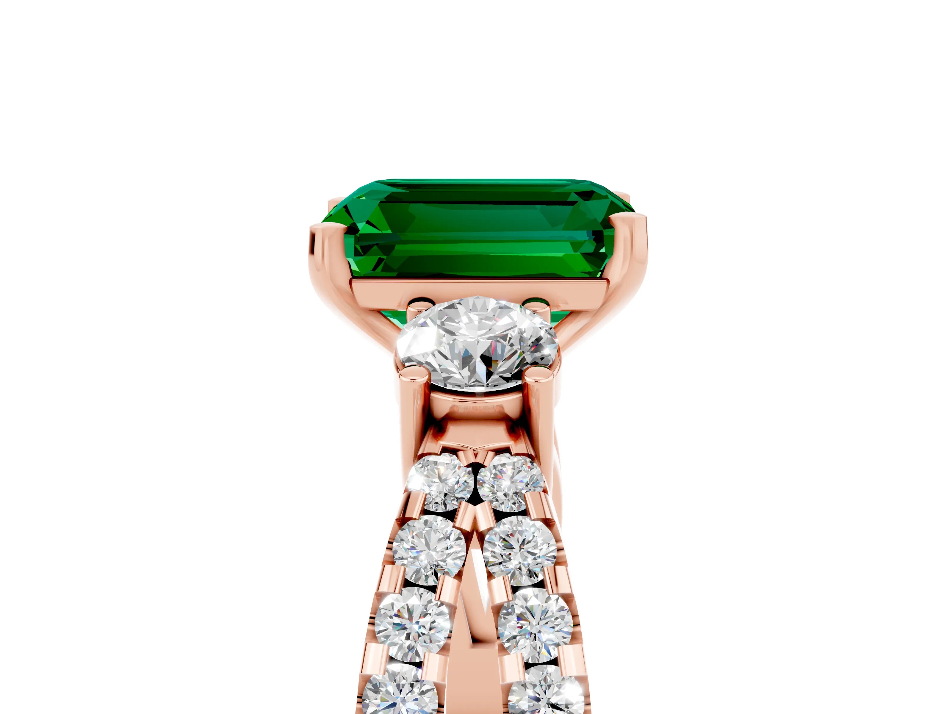 Rose gold Emerald Cut Emerald Three-Stone Ring with Pavé Split Shank and Four-Prong Setting_5