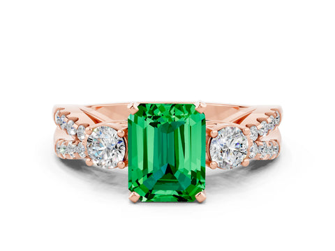 Rose gold Emerald Cut Emerald Three-Stone Ring with Pavé Split Shank and Four-Prong Setting