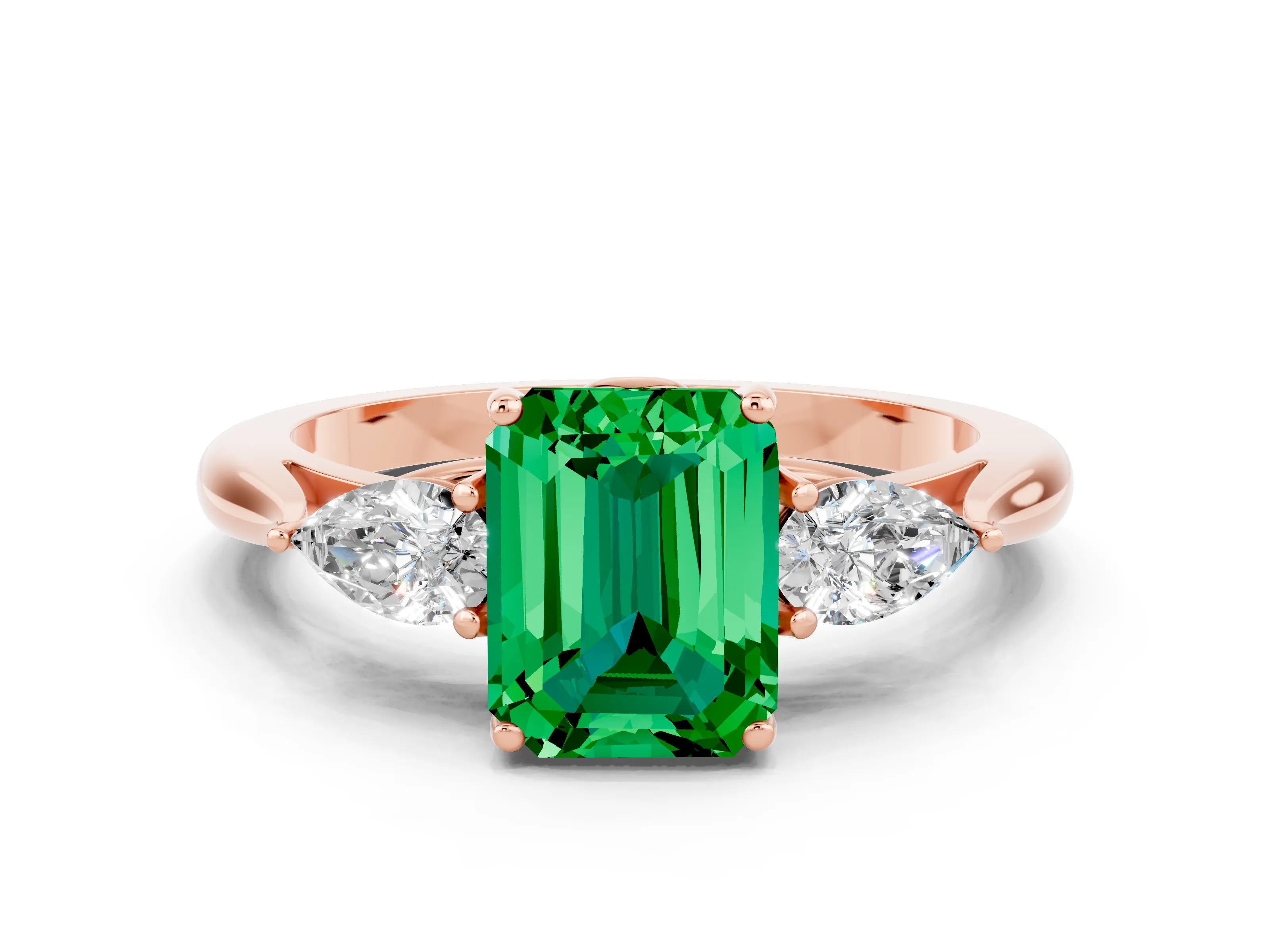 Rose gold Emerald Cut Emerald Three-Stone Ring with Pear Side Stones and Four-Prong Setting_12