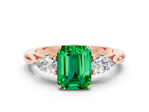 Rose gold Emerald Cut Emerald Three-Stone Ring with Pear  Side Stones and Prong Setting