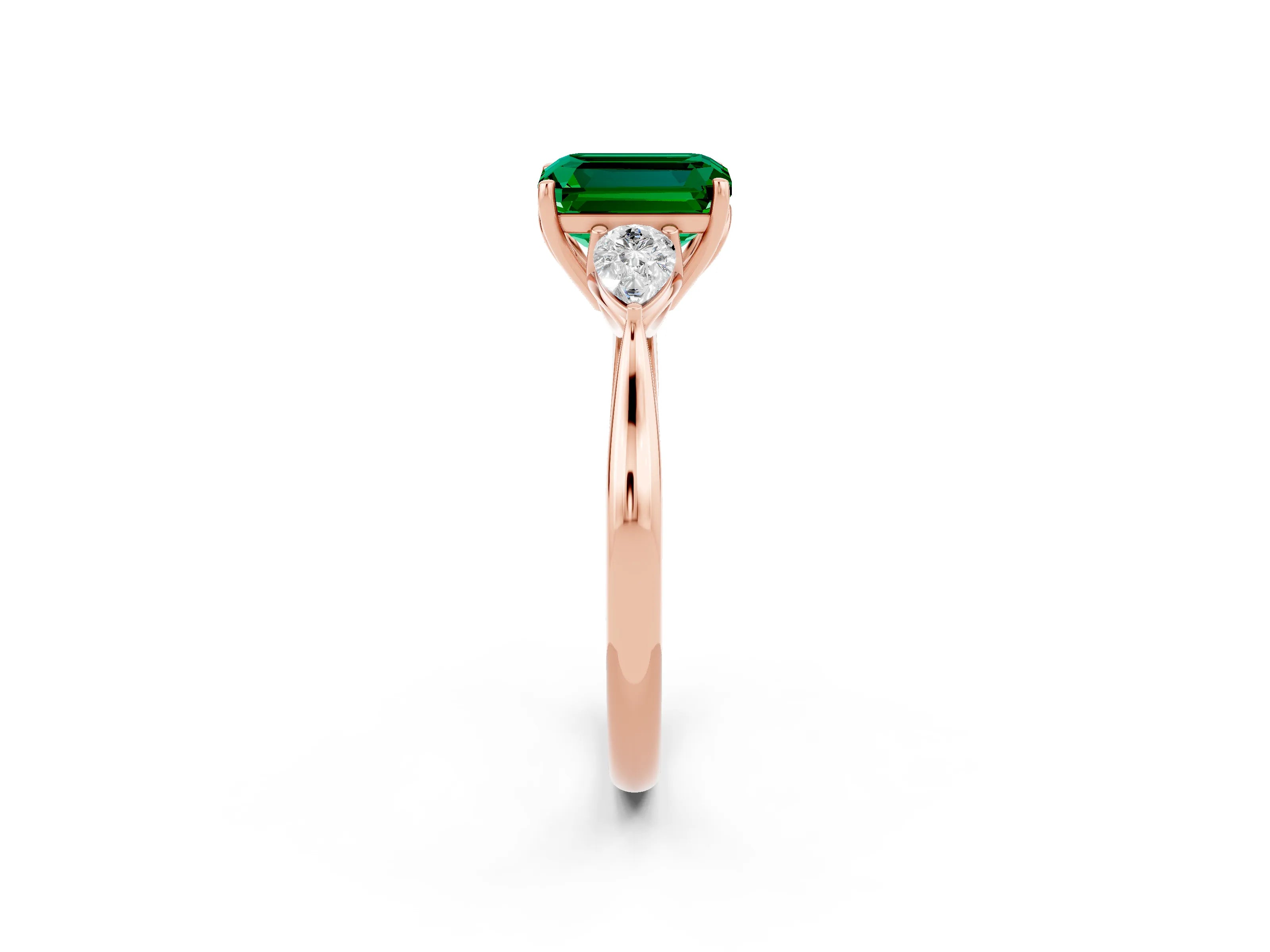 Rose gold Emerald Cut Emerald Three-Stone Ring with Pear Side Stones and Four-Prong Setting_14