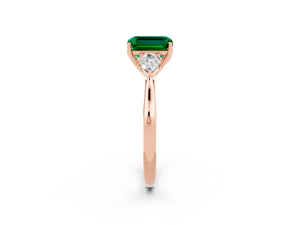 Rose gold Emerald Cut Emerald Three-Stone Ring with Pear  Side Stones and Prong Setting