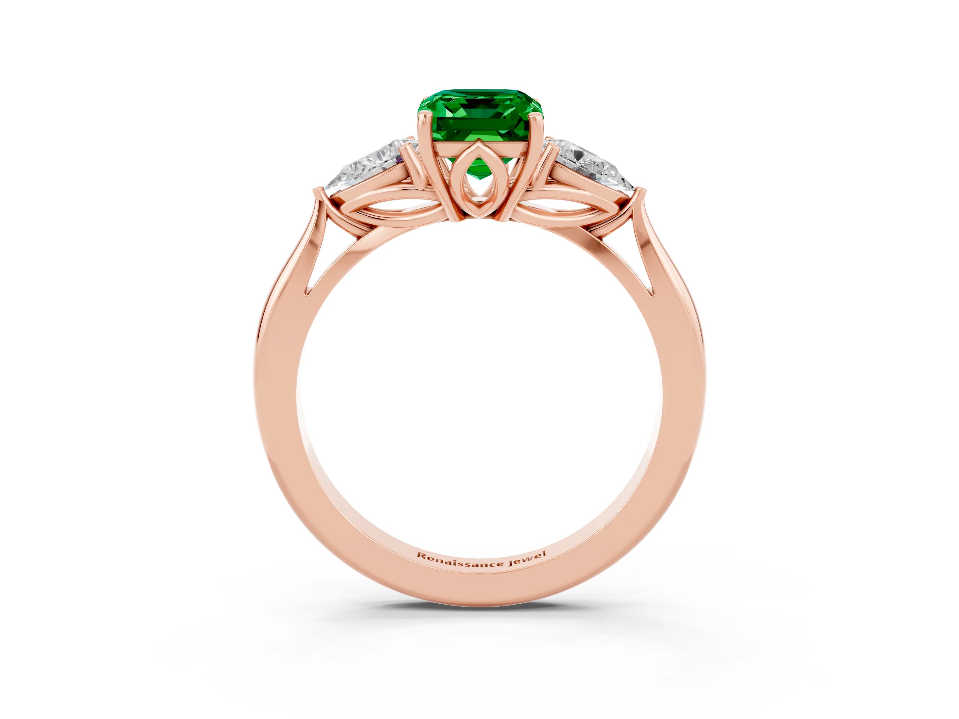 Rose gold Emerald Cut Emerald Three-Stone Ring with Pear Side Stones and Four-Prong Setting_15
