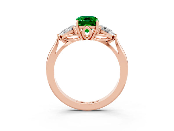 Rose gold Emerald Cut Emerald Three-Stone Ring with Pear  Side Stones and Prong Setting