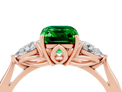 Rose gold Emerald Cut Emerald Three-Stone Ring with Pear Side Stones and Four-Prong Setting_16
