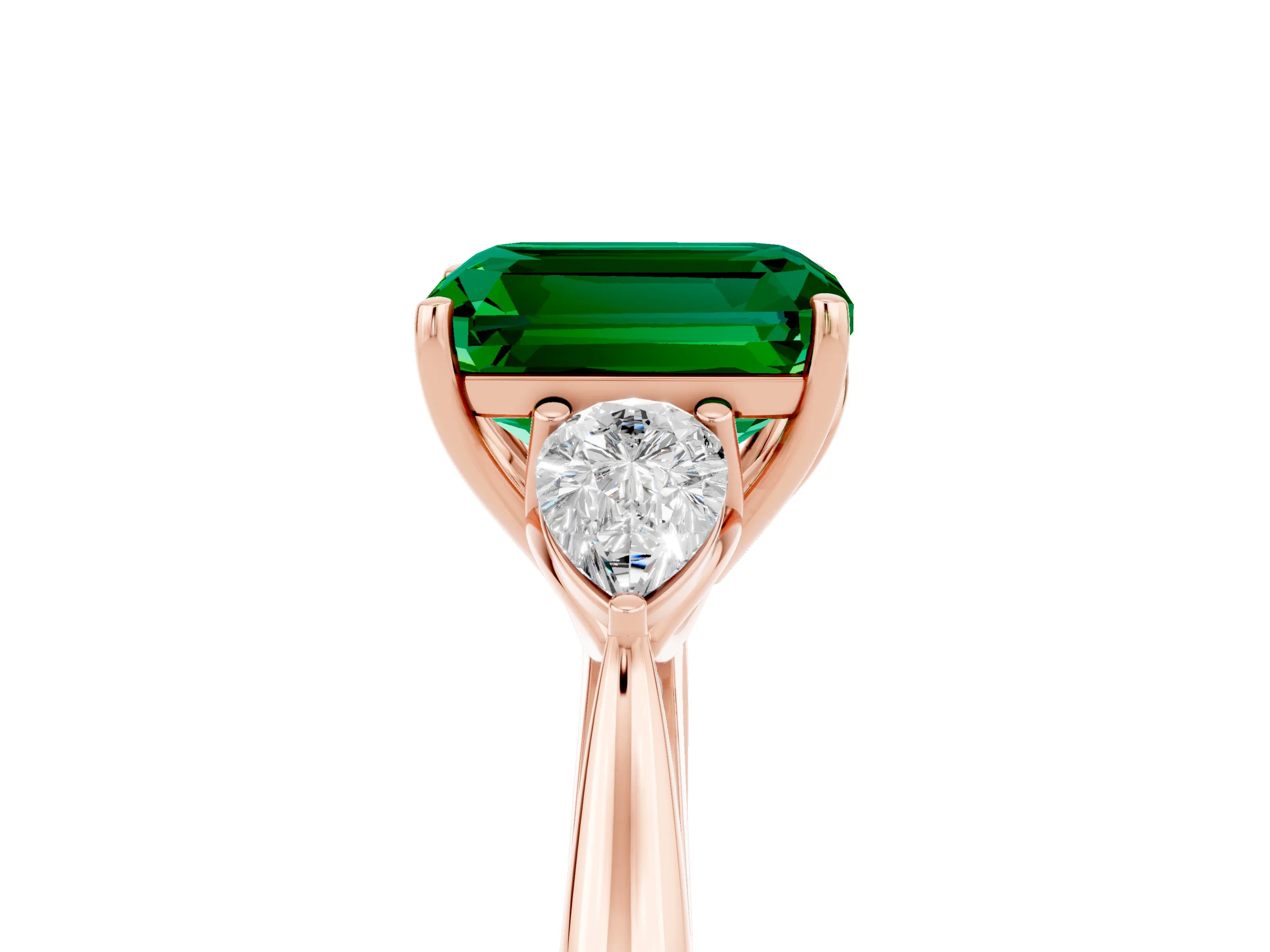 Rose gold Emerald Cut Emerald Three-Stone Ring with Pear Side Stones and Four-Prong Setting_17