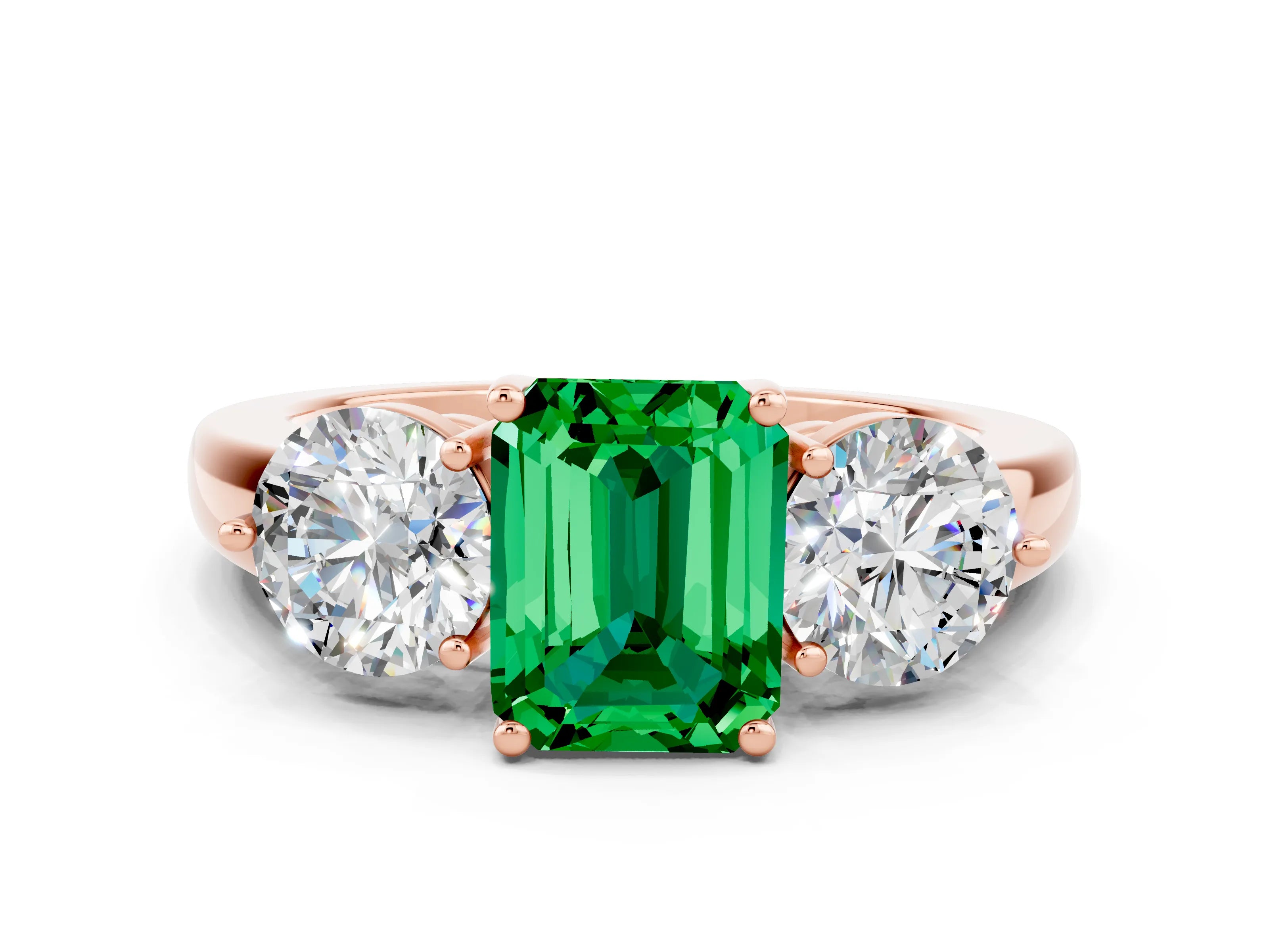 Rose gold Emerald Cut Emerald Three-Stone Ring with Prong Setting and Classic Band