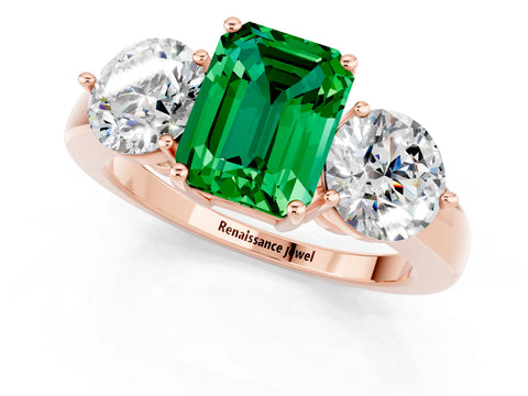 Rose gold Emerald Cut Emerald Three-Stone Ring with Prong Setting and Classic Band_1