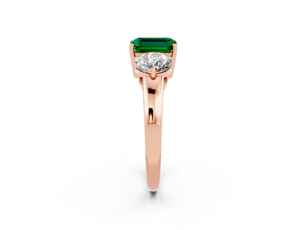 Rose gold Emerald Cut Emerald Three-Stone Ring with Prong Setting and Classic Band