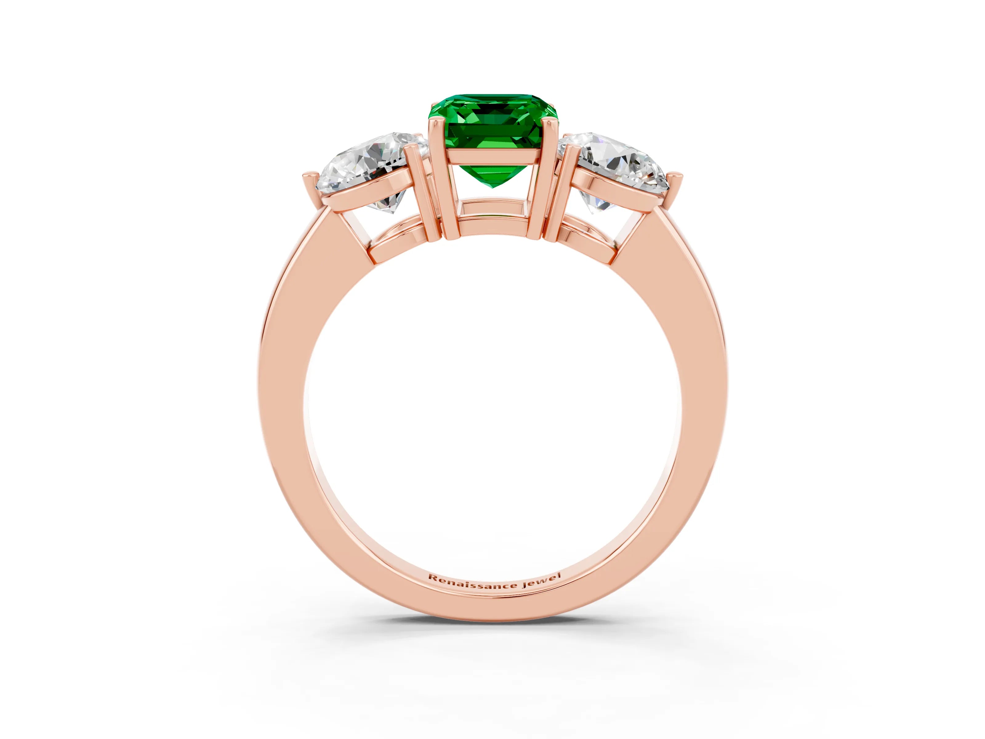 Rose gold Emerald Cut Emerald Three-Stone Ring with Prong Setting and Classic Band_3