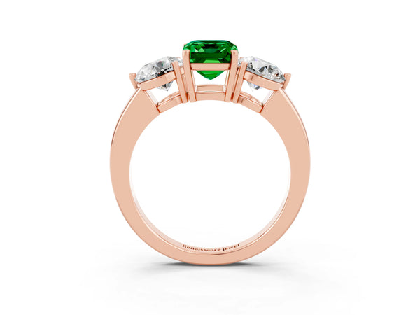 Rose gold Emerald Cut Emerald Three-Stone Ring with Prong Setting and Classic Band