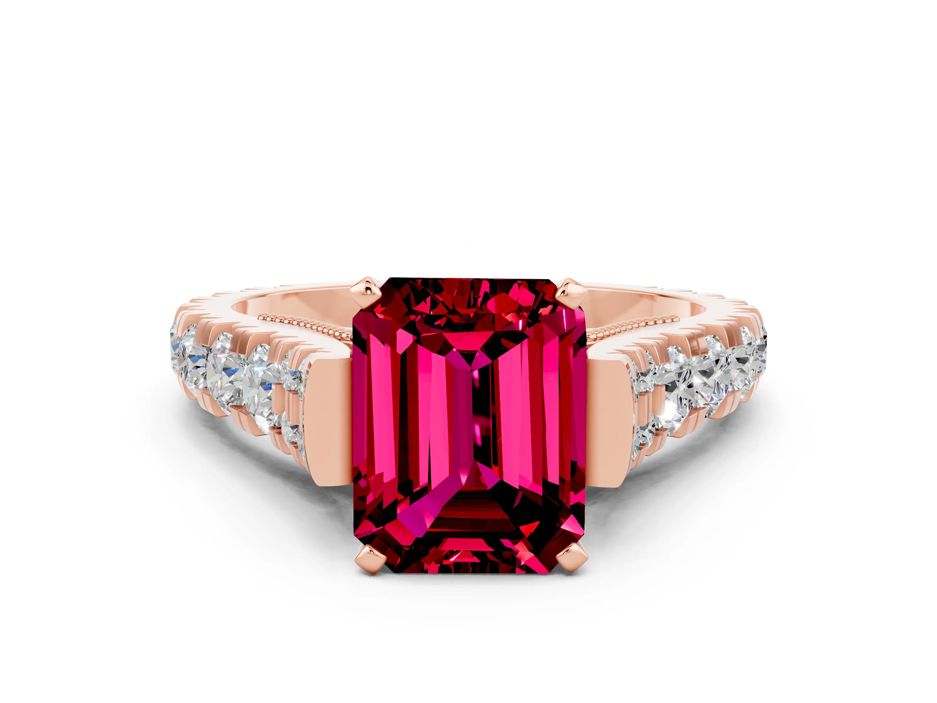 Rose gold Emerald Cut Garnet Classic Solitaire Ring with Pavé Band and Four-Prong Setting