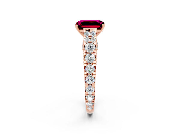 Rose gold Emerald Cut Garnet Classic Solitaire Ring with Pavé Band and Four-Prong Setting